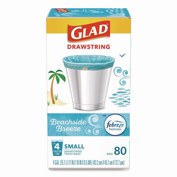 Glad OdorShield Small Drawstring Trash Bags, 4gal, Beachside Breeze Scent, 0.5mil, 18inx17in, Blue, 80PK - 79155