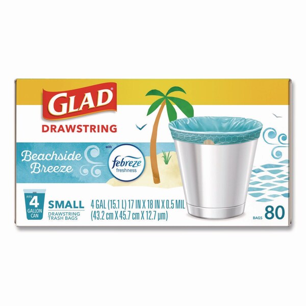 Glad OdorShield Small Drawstring Trash Bags, 4gal, Beachside Breeze Scent, 0.5mil, 18inx17in, Blue, 80PK - 79155