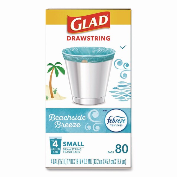 Glad OdorShield Small Drawstring Trash Bags, 4gal, Beachside Breeze Scent, 0.5mil, 18inx17in, Blue, 80PK - 79155