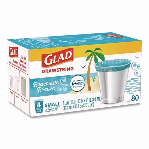 Glad OdorShield Small Drawstring Trash Bags, 4gal, Beachside Breeze Scent, 0.5mil, 18inx17in, Blue, 80PK - 79155