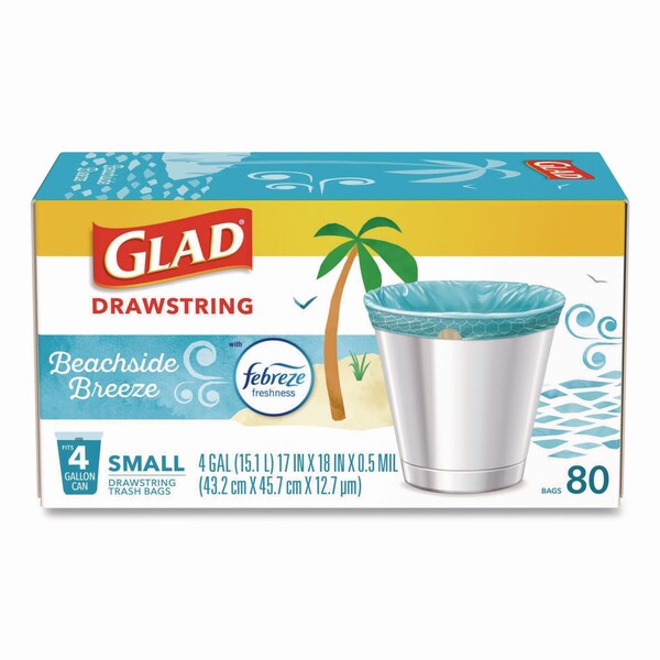 Glad OdorShield Small Drawstring Trash Bags, 4gal, Beachside Breeze Scent, 0.5mil, 18inx17in, Blue, 80PK - 79155