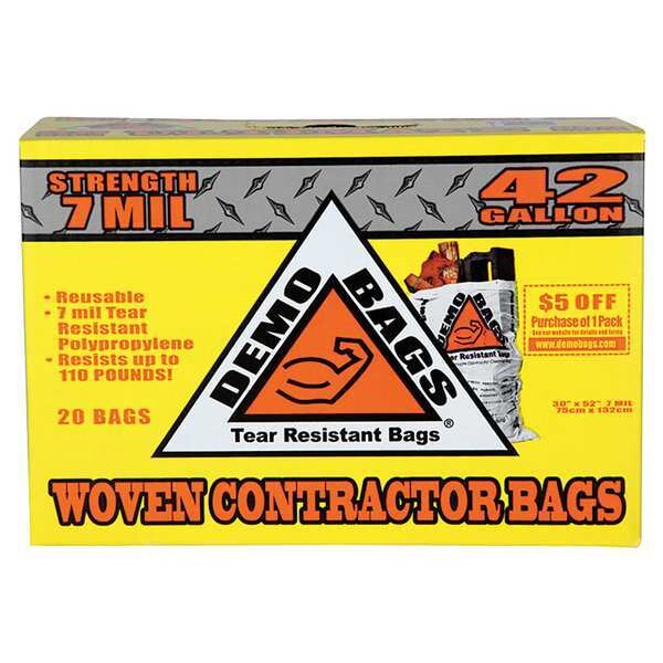 Demobags 42 gal Trash Bags, 30 in x 48 1/2 in, 9.0 mil, White - DB20-42PP
