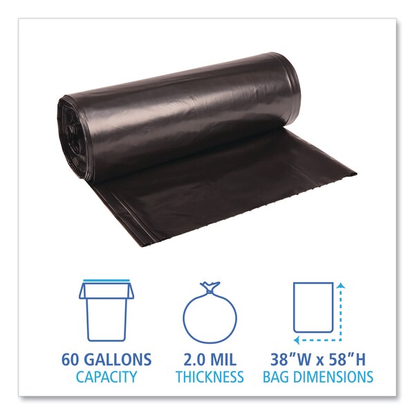 Boardwalk 60 gal Trash Bags, 38 in x 58 in, Super Extra Heavy-Duty, 2.0 Mil, Black, 100 PK - BWK 526
