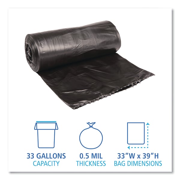 Boardwalk 33 gal Trash Bags, 33 in x 39 in, Heavy-Duty, 0.5 mm, Black, 200 PK - BWK 3339H