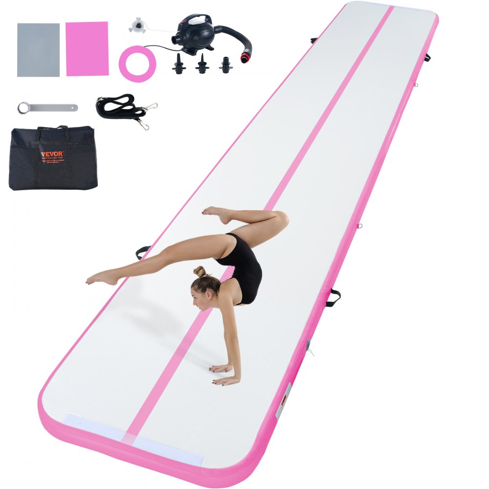VEVOR Gymnastics Air Mat, 4 inch Thickness Inflatable Gymnastics Tumbling Mat, Tumble Track with Electric Pump, Training Mats for Home Use/Gym/Yoga/Cheerleading/Beach/Park/Water, 20 ft, Pink - ZFXKKFQD20FTMB6USV1