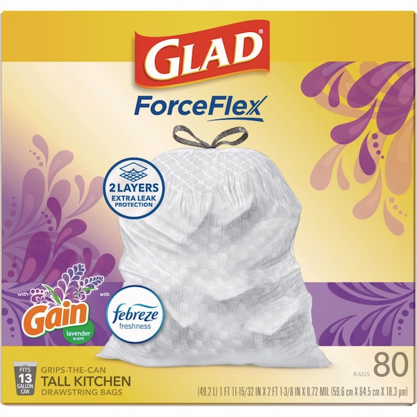 Glad 13 gal Trash Bags, 24 in x 27.38 in, Extra Heavy-Duty, .95 Mil, White, 240 PK - 78902