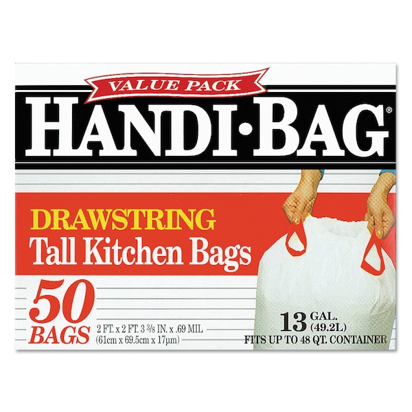 Handi-Bag 13 gal Trash Bags, 24 in x 27.38 in, Medium-Duty, .95 Mil, White, 50 PK - HAB6DK50