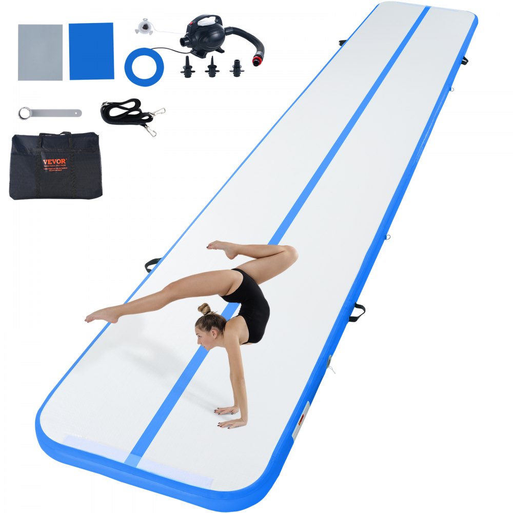 VEVOR Gymnastics Air Mat, 4 inch Thickness Inflatable Gymnastics Tumbling Mat, Tumble Track with Electric Pump, Training Mats for Home Use/Gym/Yoga/Cheerleading/Beach/Park/Water, 20 ft, Blue - ZFXKKFQD20FTADVBOV1