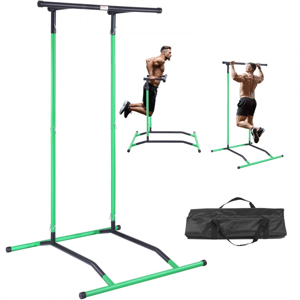 VEVOR Power Tower Dip Station, 2-Level Height Adjustable Pull Up Bar Stand, Multi-Function Strength Training Workout Equipment, Home Gym Fitness Dip Bar Station, 220LBS Weight Capacity, Black & Green - DGYTXSJBKDJG9QH68V0