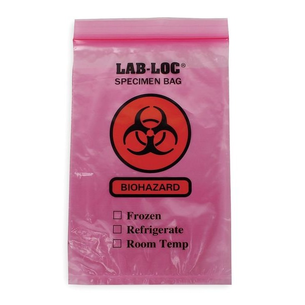 Zoro Select Specimen Transfer Bag, 9 In. L, PK1000, Color: Red - LAB20609RE