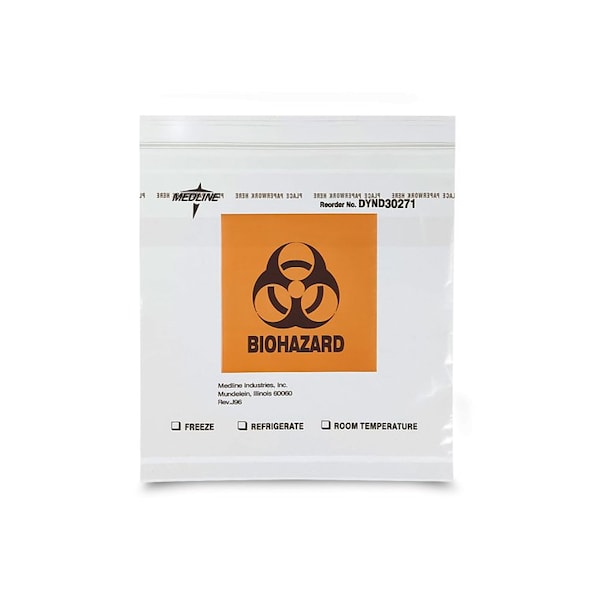 Medline Biohazard Speciment Bags, Zip Style with Pocket, 8x8in., 100PK - DYND30271ZH