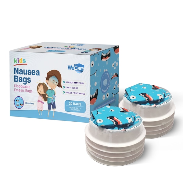 Wecare Kids Emesis Bags For Nausea and Motion Sickness, Individually Wrapped, 20 Pack, Monster Print, 20PK - WMN100189