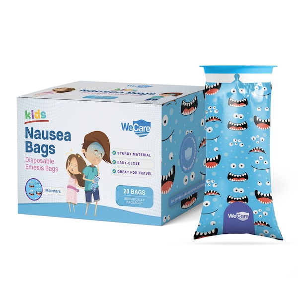 Wecare Kids Emesis Bags For Nausea and Motion Sickness, Individually Wrapped, 20 Pack, Monster Print, 20PK - WMN100189