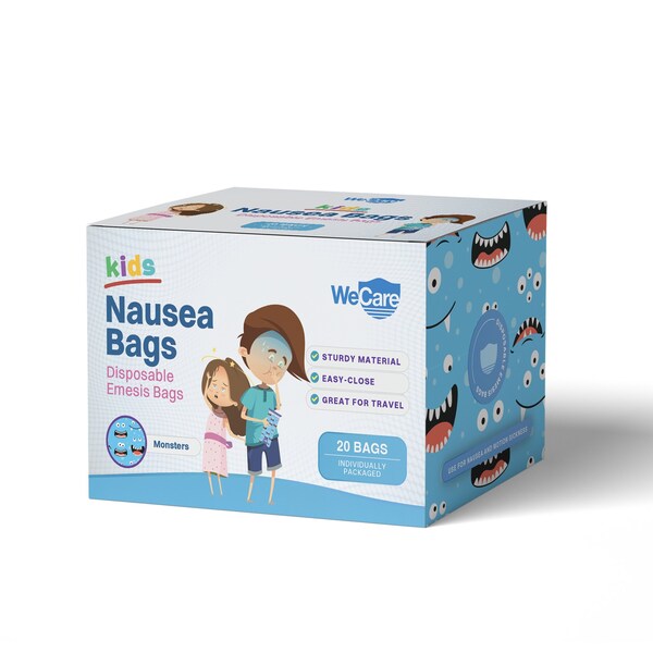 Wecare Kids Emesis Bags For Nausea and Motion Sickness, Individually Wrapped, 20 Pack, Monster Print, 20PK - WMN100189