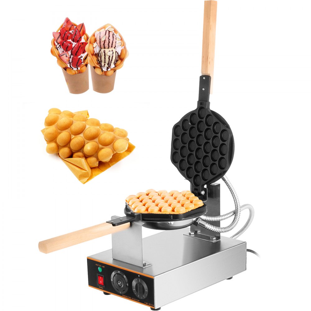 VEVOR Commercial Bubble Waffle Maker, 1400W Egg Bubble Puff Iron w/ 180° Rotatable 2 Pans & Wooden Handles, Stainless Steel Baker w/ Non-Stick Teflon Coating, 50-250℃/122-482℉ Adjustable - SC-X30JDZJ0000001V1