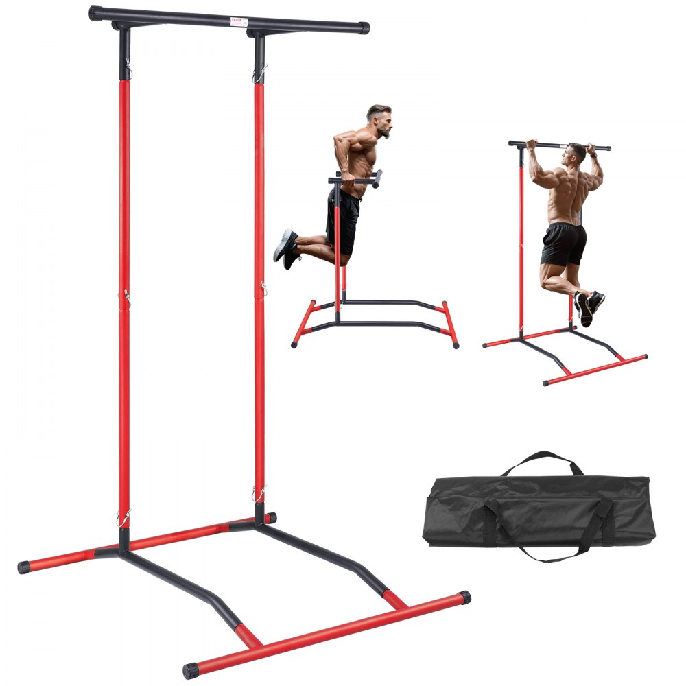VEVOR Power Tower Dip Station, 2-Level Height Adjustable Pull Up Bar Stand, Multi-Function Strength Training Workout Equipment, Home Gym Fitness Dip Bar Station, 220LBS Weight Capacity, Black & Red - DGYTXSJBKDJGTIN4LV0