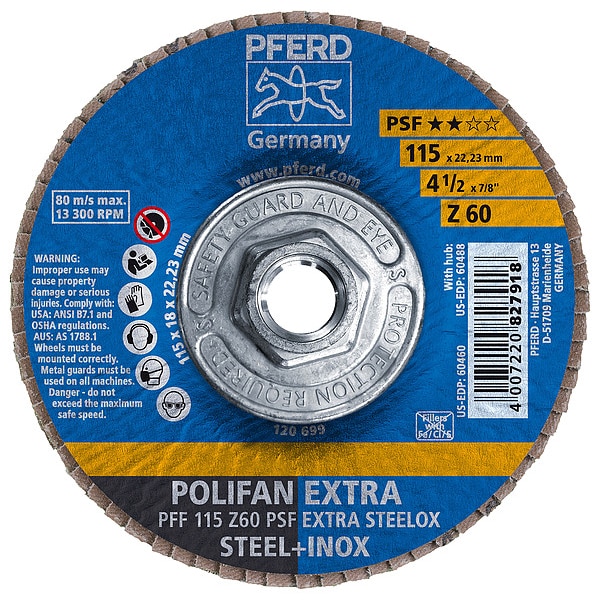 Disco de láminas POLIFAN® 4-1/2" x 5/8-11 Thd. PSF EXTRA STEELOX, Zirconia, 60 Granos, Plano - 60488