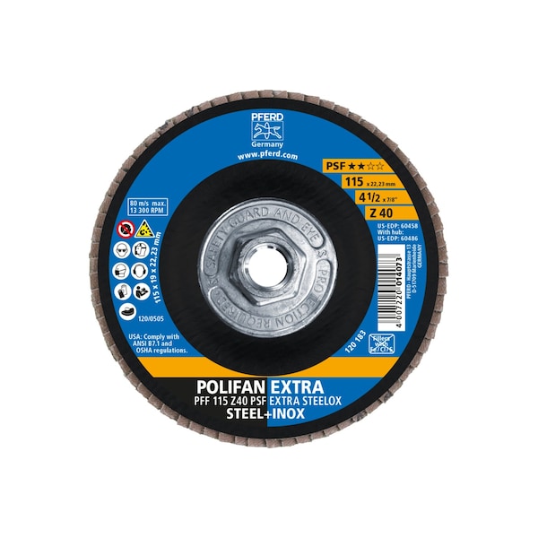 Disco de láminas POLIFAN® Z PSF EXTRA STEELOX de Pferd de 4-1/2" x 5/8-11 Thd., de Zirconia, 40 Granos, Plano - 60486.