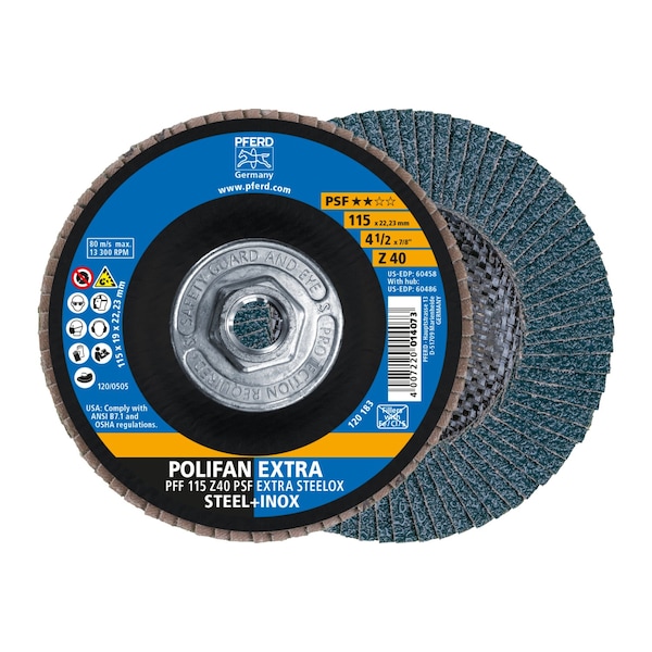 Disco de láminas POLIFAN® Z PSF EXTRA STEELOX de Pferd de 4-1/2" x 5/8-11 Thd., de Zirconia, 40 Granos, Plano - 60486.