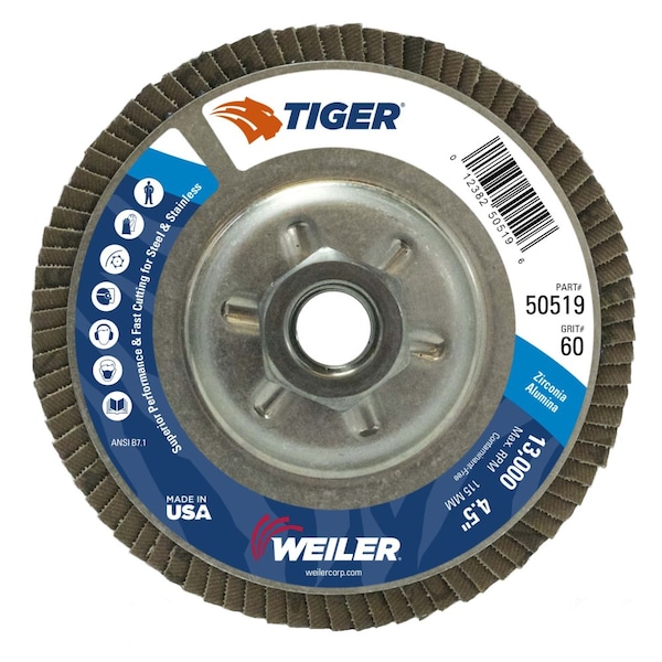Weiler 4-1/2" Disco de Aletas Tiger, Cónica (TY29), 60Z, 5/8"-11 UNC - 50519