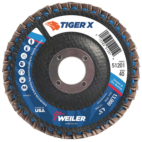 Weiler Flap Disc, 4-1/2 pulgadas x 40 Granos, 7/8 - 98901. 