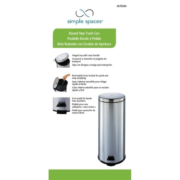 Simple Spaces Trash Can, 793 gal Capacity, PlasticStainless SteelSteel, Silver, Flat Lid Closure - LYP30F3-3L