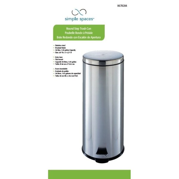 Simple Spaces Trash Can, 793 gal Capacity, PlasticStainless SteelSteel, Silver, Flat Lid Closure - LYP30F3-3L