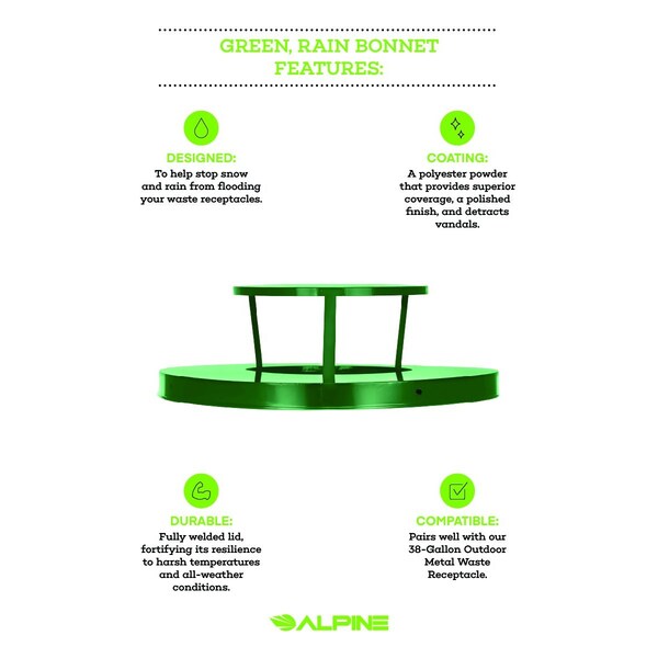 Alpine Industries Trash Can, 24.2 in W/Dia, Green, Galvanized Steel - ALP479-38-A-GRN