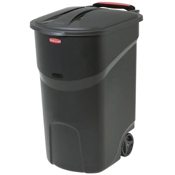 Rubbermaid 2008188 Wheeled Trash Can with Lid, 45 gal Capacity, Plastic, Black, Hinged Closure - FG5J8124BLA