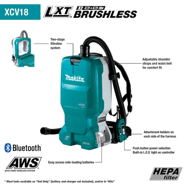 Makita 36V (18V X2) LXT Brushless 1.6Gal HEPA Backpack Vacuum, AWS - XCV18ZX