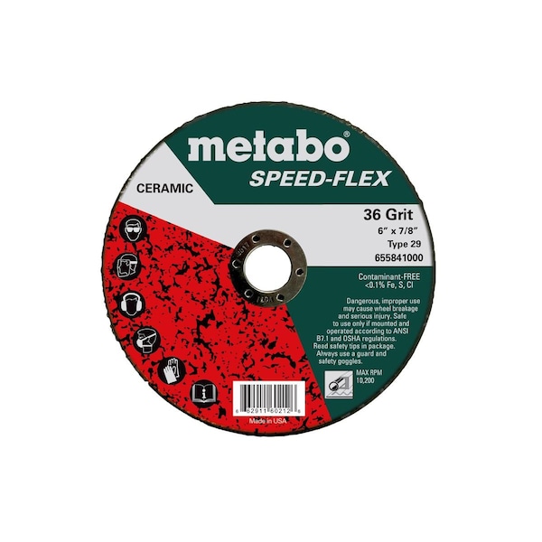 Disco de fibra de resina Metabo 6" Speed-Flex cerámico de 36 granos, 7/8", T29 Fibra de vidrio - 655841000.