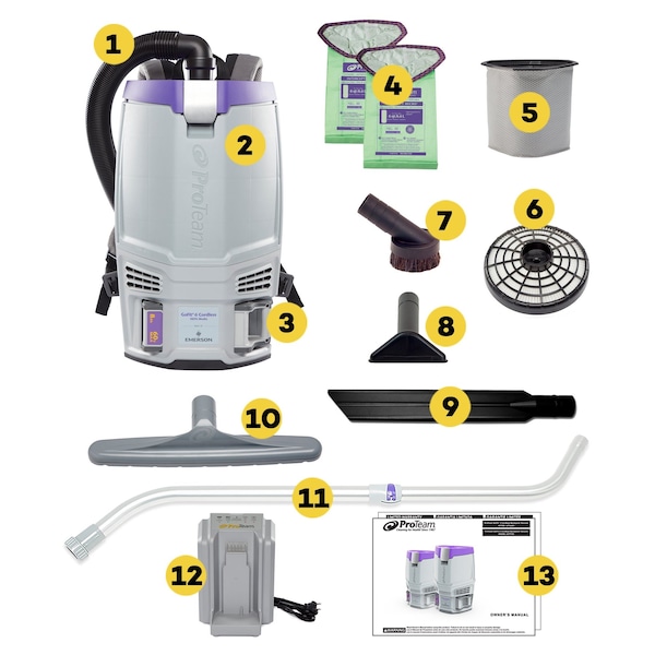 Proteam GoFit 6 Cordless 8Ah, 6 qt. Backpack Vacuum w/ Xover Performance Telescoping Wand Tool Kit - 107795