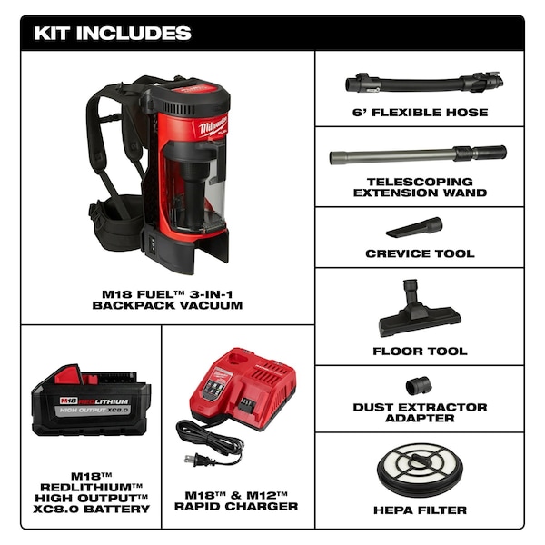 Milwaukee Tool M18 FUEL Cordless Backpack Kit, 3-in-1, Bagless 1 gal Cap, 55 cfm, 15.2 lb Wt, 76 dB Sound Level - 0885-21HD