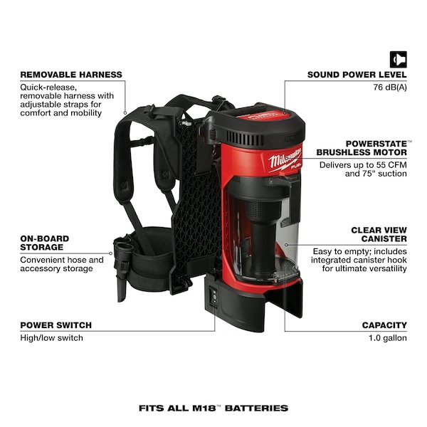 Milwaukee Tool M18 FUEL Cordless Backpack Kit, 3-in-1, Bagless 1 gal Cap, 55 cfm, 15.2 lb Wt, 76 dB Sound Level - 0885-21HD