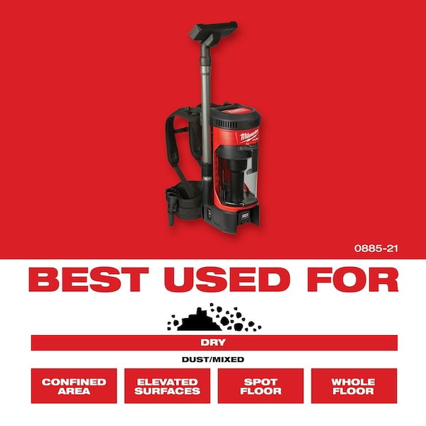 Milwaukee Tool M18 FUEL Cordless Backpack Kit, 3-in-1, Bagless 1 gal Cap, 55 cfm, 15.2 lb Wt, 76 dB Sound Level - 0885-21HD