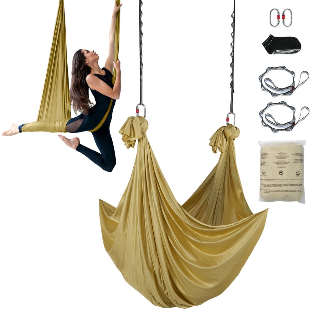 VEVOR Aerial Yoga Hammock & Swing, 4.4 Yards, Aerial Yoga Starter Kit with 100gsm Nylon Fabric, Full Rigging Hardware & Easy Set-up Guide, Antigravity Flying for All Levels Fitness Bodybuilding, Gold - DCK4X28MJSCB68UKLV0