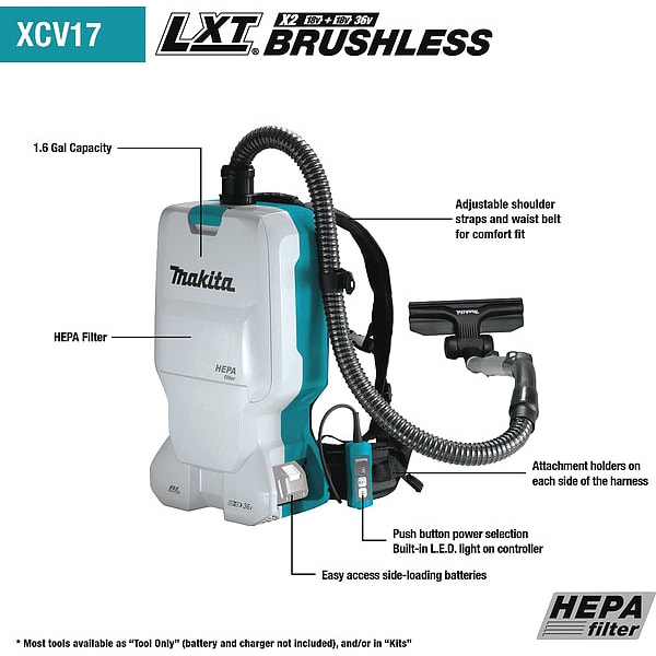 Makita Backpack Dry Vacuum, 18V, 1.6 gal. - XCV17Z