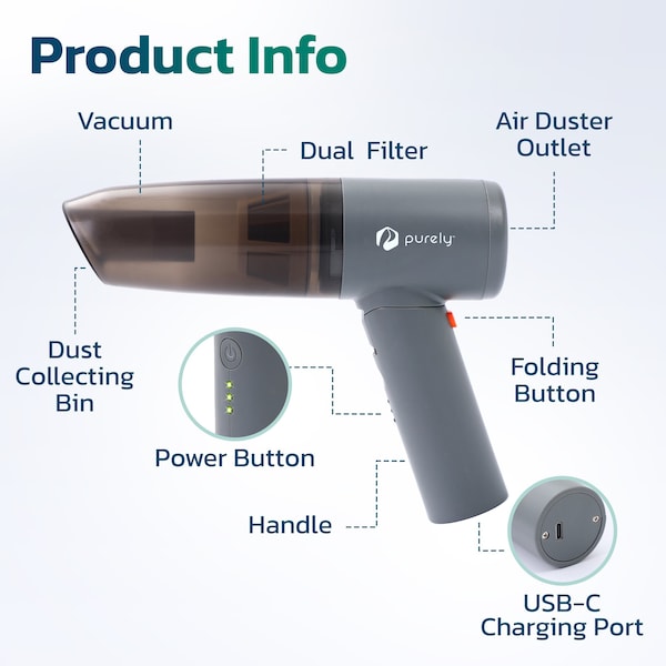 Purely Wireless Vacuum Cleaner & Electric Air Duster for Keyboard, Desktop, and Computer - Gray - C215