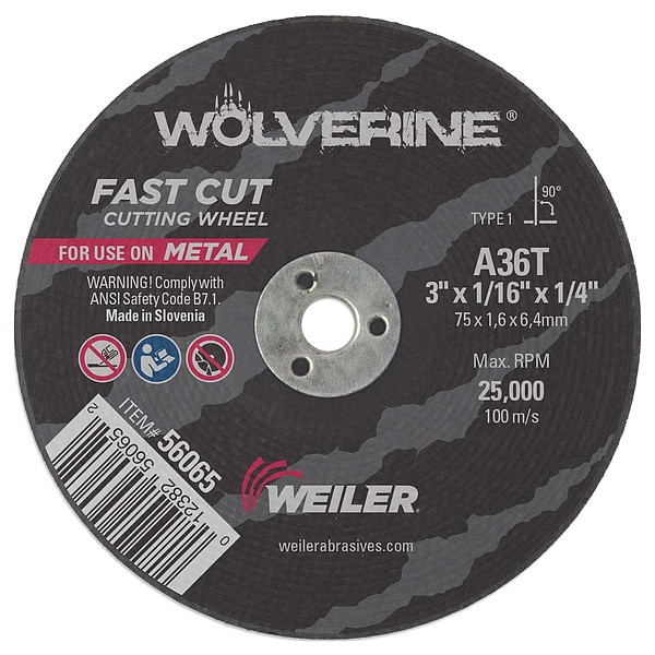 Weiler 3" x 1/16" Wolverine Tipo 1 Rueda de Corte A36T 1/4" A.H. - 56065
