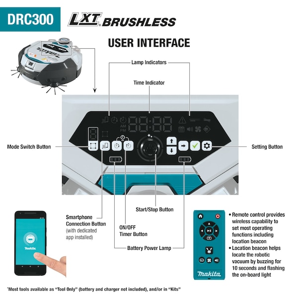 Makita Cordless Robotic Vacuum, 5 Ah, 18 V - DRC300PT