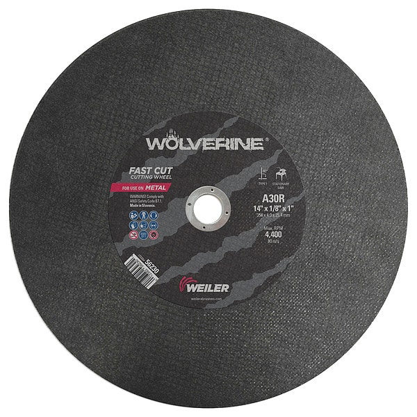 Rueda de corte grande tipo 1 de Weiler 14"x1/8" A30R para sierra estacionaria con eje de 1" - 56230