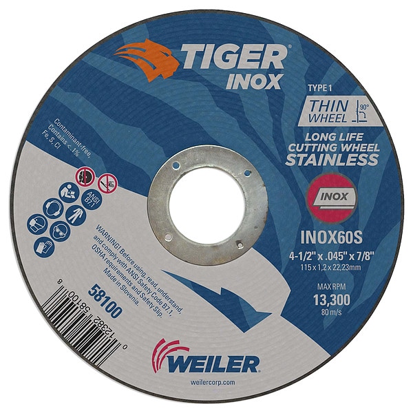 Tiger Inox 4-1/2"x.045" TIGER INOX Type 1 Cut-Off Wheel INOX60S 7/8" A.H. - 58100

Tigre Inox 4-1/2"x.045" Rueda de corte tipo 1 TIGER INOX INOX60S 7/8" A.H. - 58100