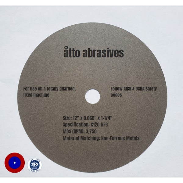 Ruedas de sección ultra delgadas Atto Abrasives de 12 "x0.060" x1-1/4 "para metales no ferrosos - 1W300-150-SN