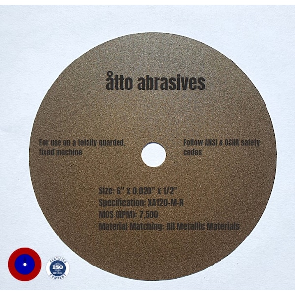 Ruedas de corte sin refuerzo de caucho unidas con goma Atto Abrasives de 6" x 0.020" x 1/2" - 3W150-050-PG