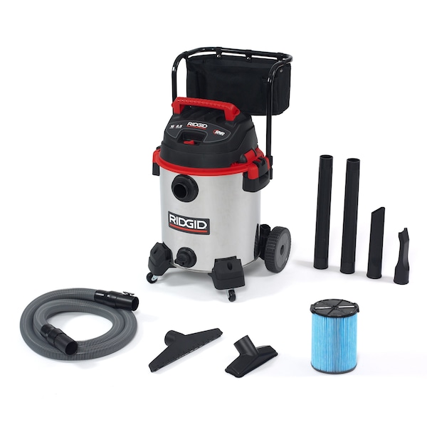 Ridgid Wet/Dry Vacuum, 16 gal., Stainless Steel, Fine Dust Filter, 187 cfm, 65 HP - 50353