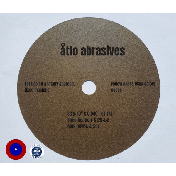 Ruedas de corte de resina no reforzadas de Atto Abrasives de 10" x 0.040" x 1-1/4" - 1W250-100-PT