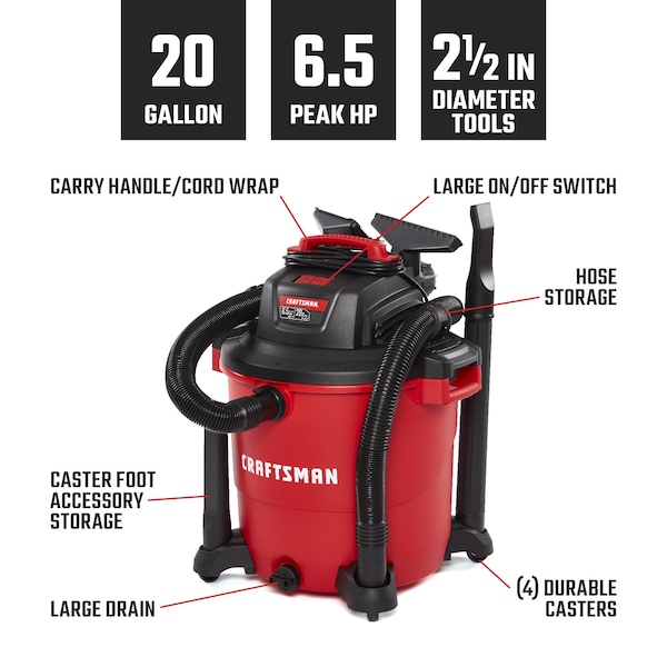 Craftsman 20 Gallon 6.5 Peak HP Wet/Dry Vac, Heavy-Duty Shop Vacuum with Attachments - CMXEVBE17596