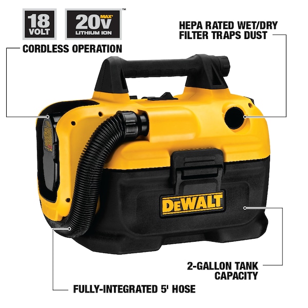 Dewalt 20V MAX(R), Portable Shop Vacuum, 2 gal, HEPA, 31 cfm - DCV580H
