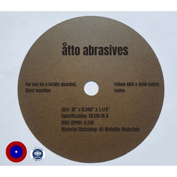 Ruedas de corte de resina sin refuerzo Atto Abrasives de 10" x 0.040" x 1-1/4" - 1W250-100-PG