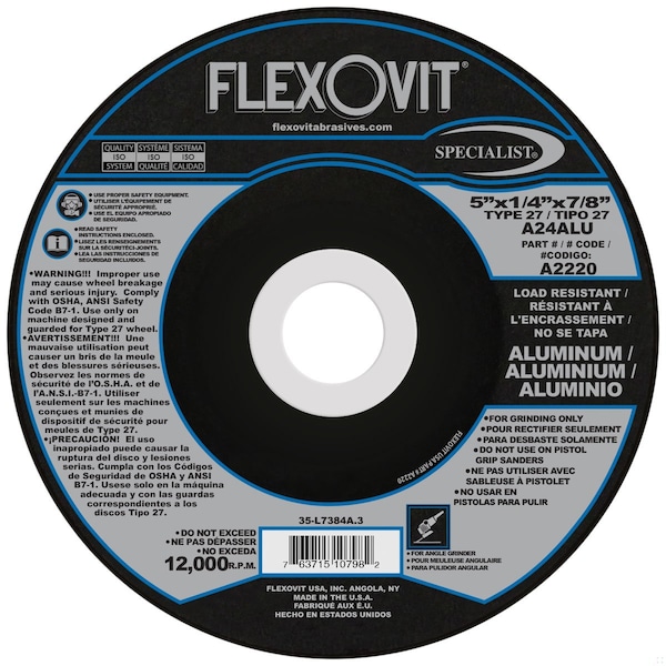 Flexovit SPECIALIST Tipo 27 Rueda de Corte de Centro Deprimido, para Cortar, 5 pulgadas de diámetro x 1/4 pulgadas de grosor, agujero central de 7/8 pulgadas, Grano A24 - A2220